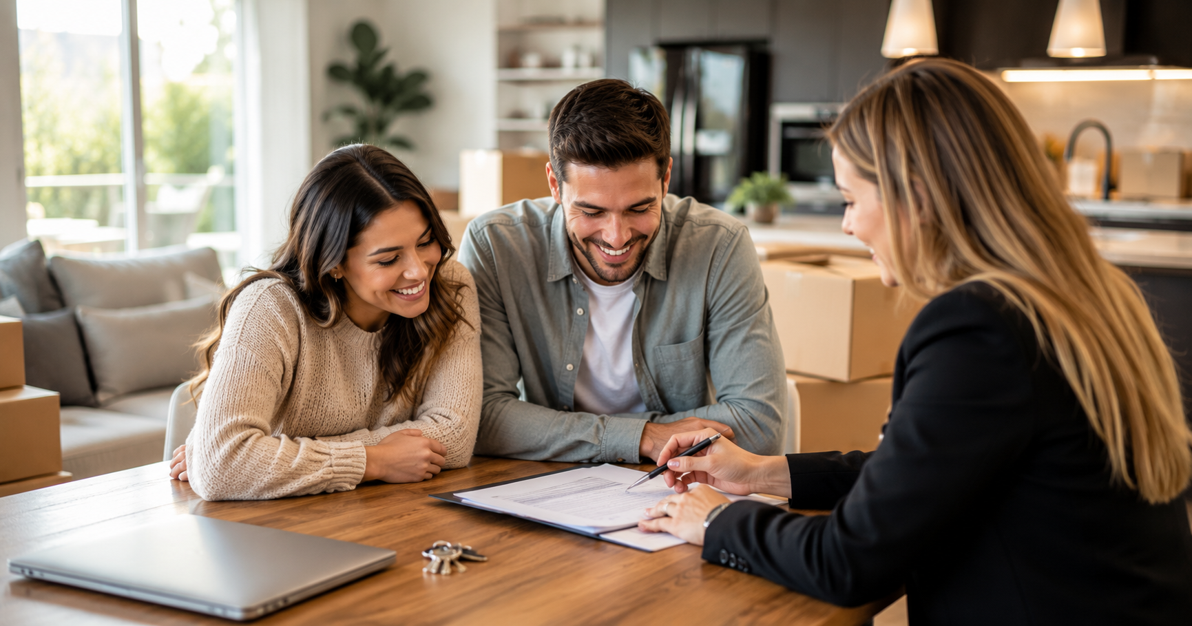 First time home buyers meeting with a Realtor to review paperwork before purchasing a home, highlighting common home buying mistakes and how to avoid them.
