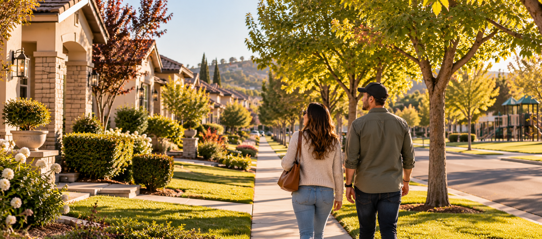 Home buyers exploring a Central Valley neighborhood before purchasing a house