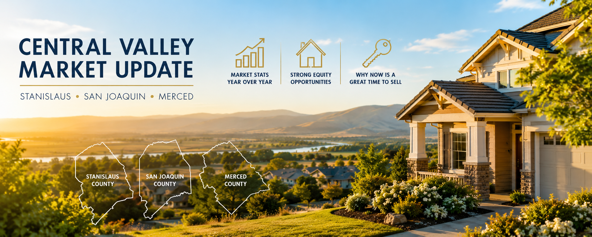 Luxury home overlooking a Central Valley neighborhood at sunset, representing the Stanislaus, San Joaquin, and Merced County real estate market and current housing trends for home sellers.
