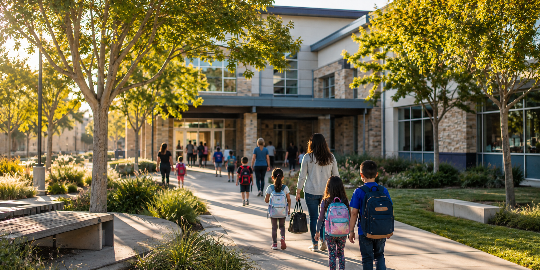 Students and families outside a modern public school campus in Modesto, California, representing the area's highly rated schools and family friendly neighborhoods.