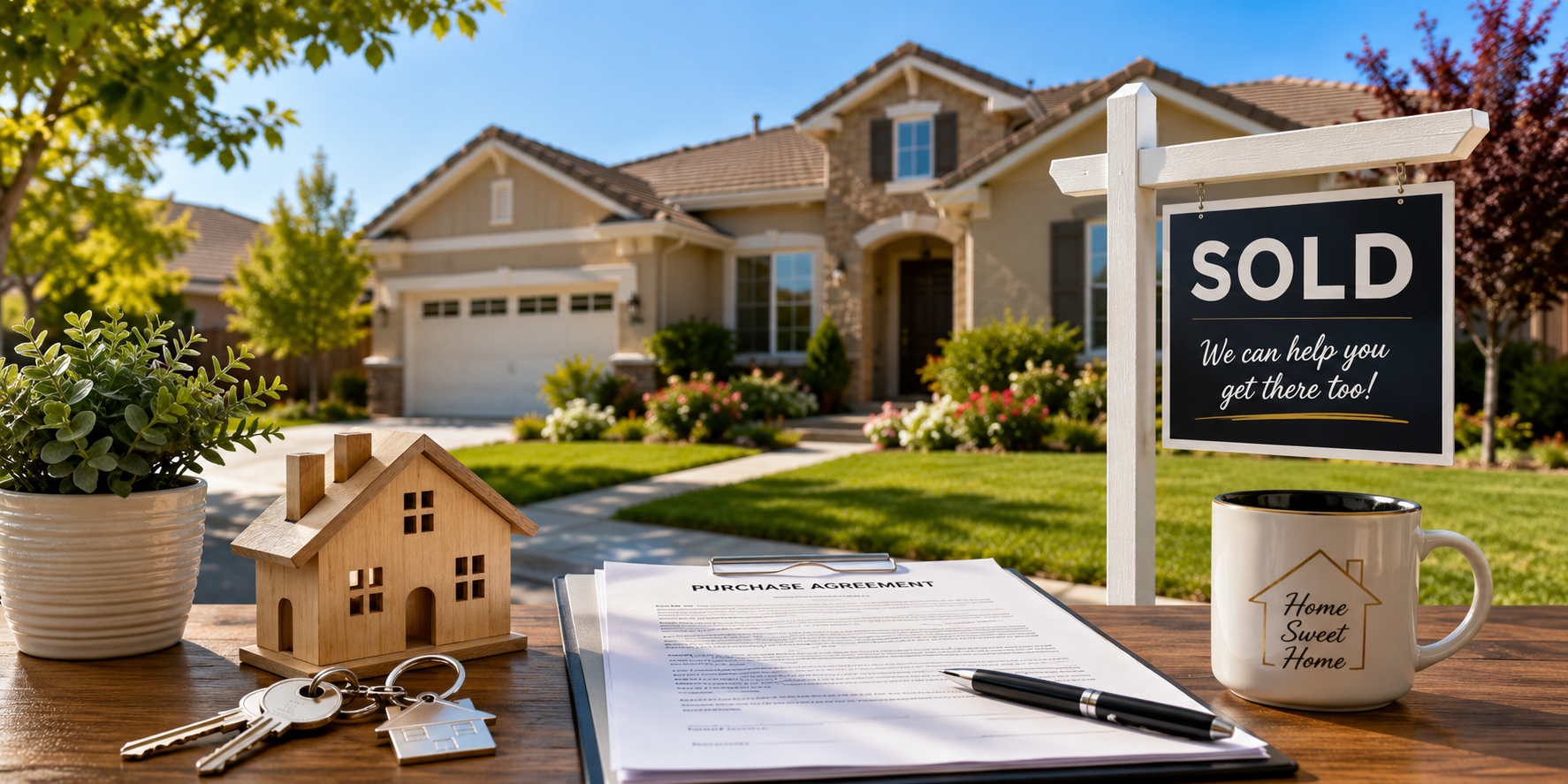 Successful home sale in the Central Valley featuring a sold sign, home, and real estate closing documents.