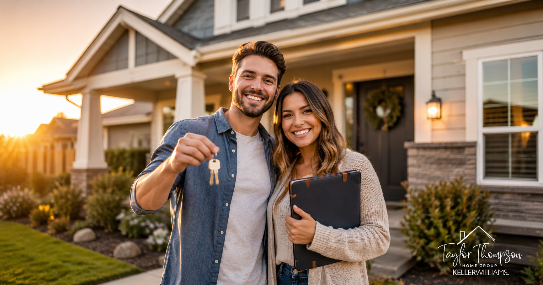 First time home buyers celebrating with house keys in front of their new home, representing the home buying journey in California's Central Valley.