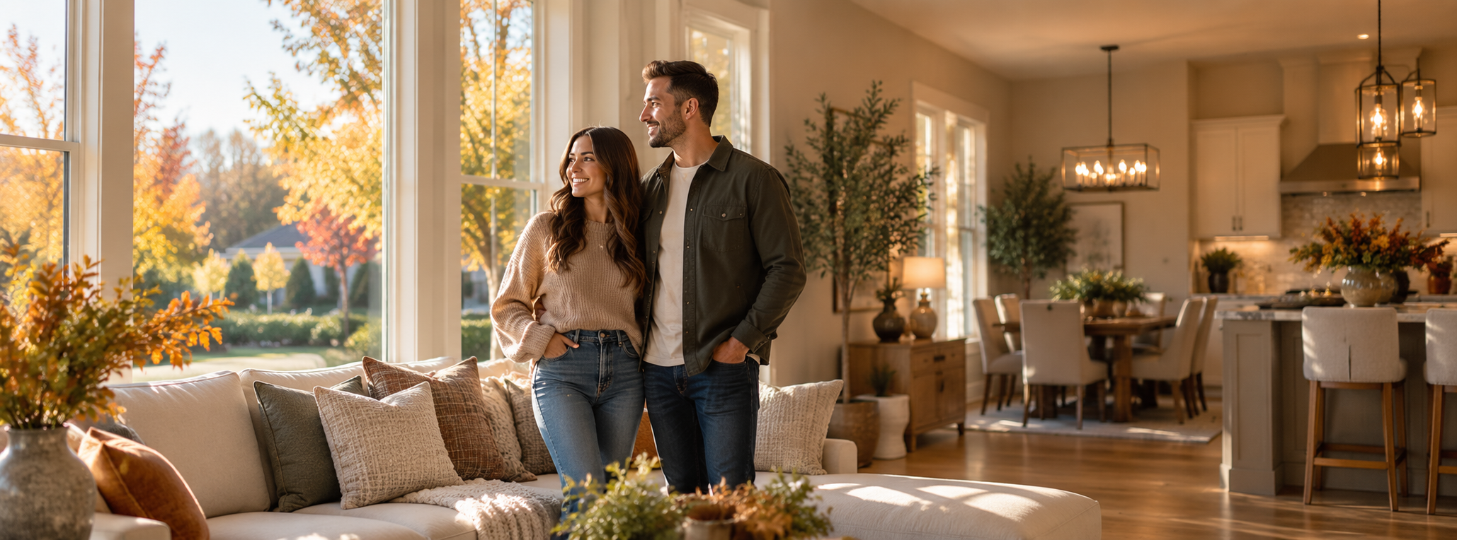 Couple touring a welcoming California home during the holiday season while considering their home buying options.