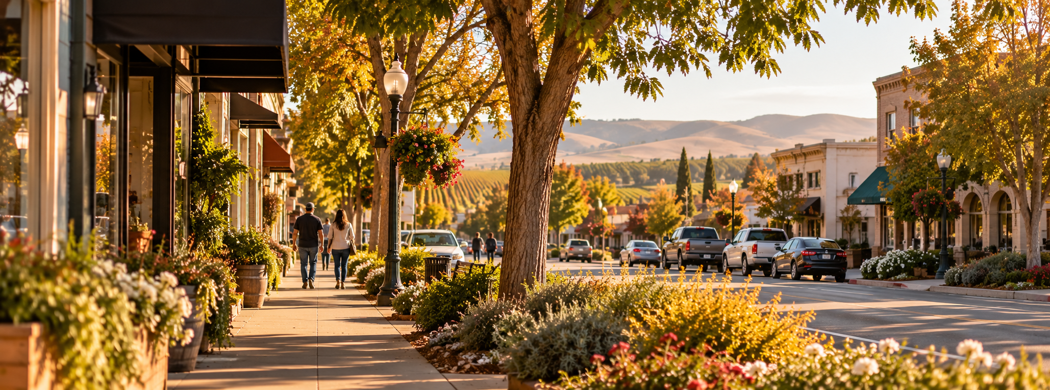Tree lined residential street in a Central Valley California small town with welcoming homes and mature landscaping.