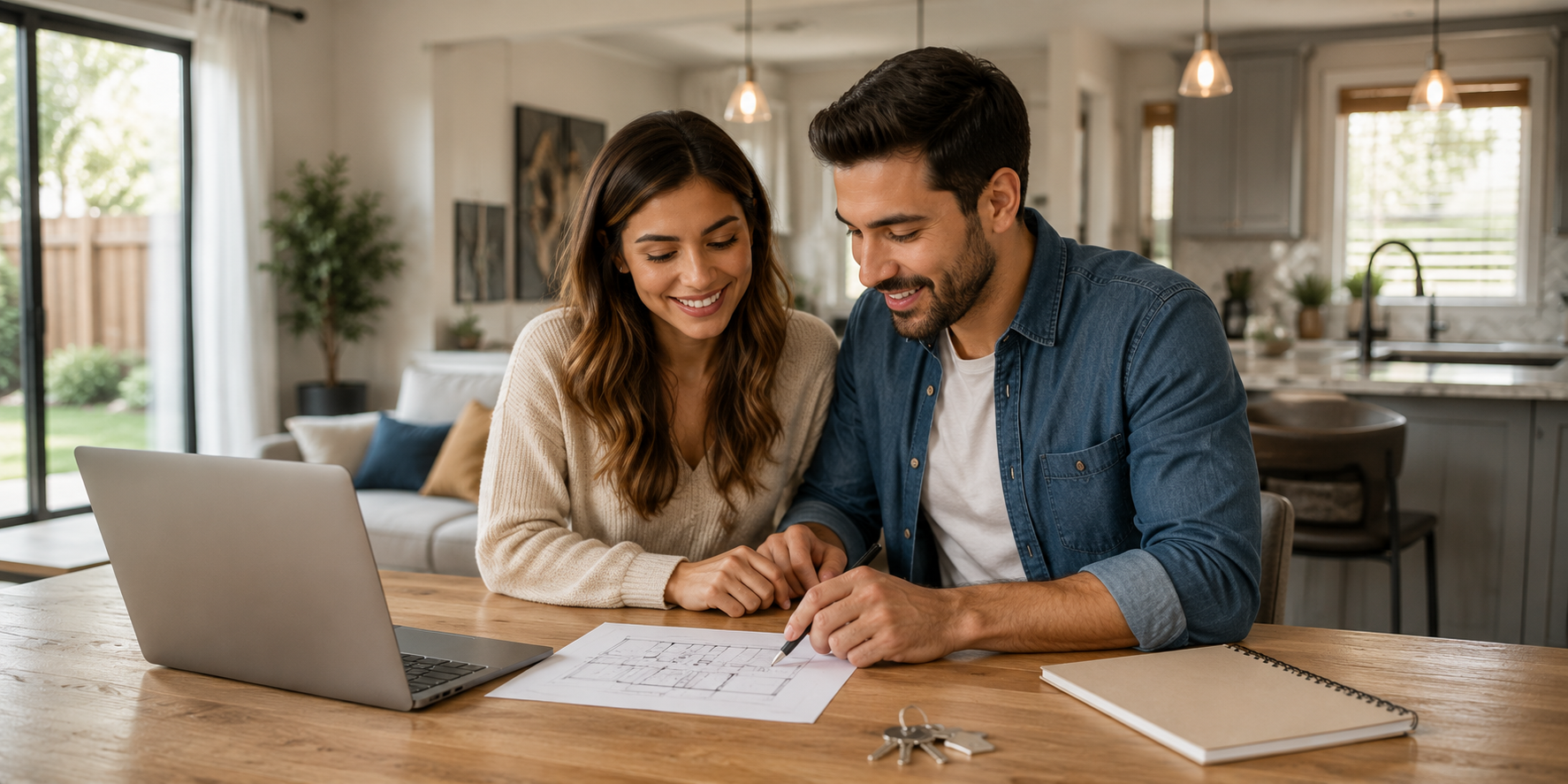 Couple reviewing home buying plans and finances, representing the decision of whether to buy a home now or wait in the Central Valley real estate market.