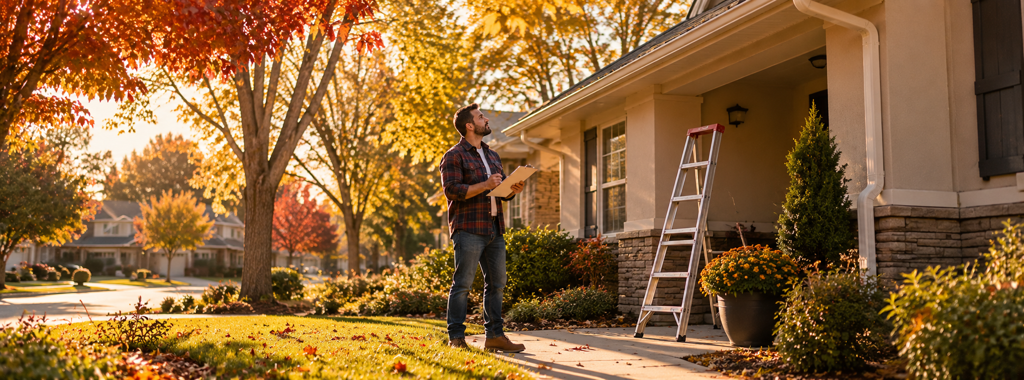 Homeowner checking the exterior of a Central Valley home during fall to prepare for winter weather.