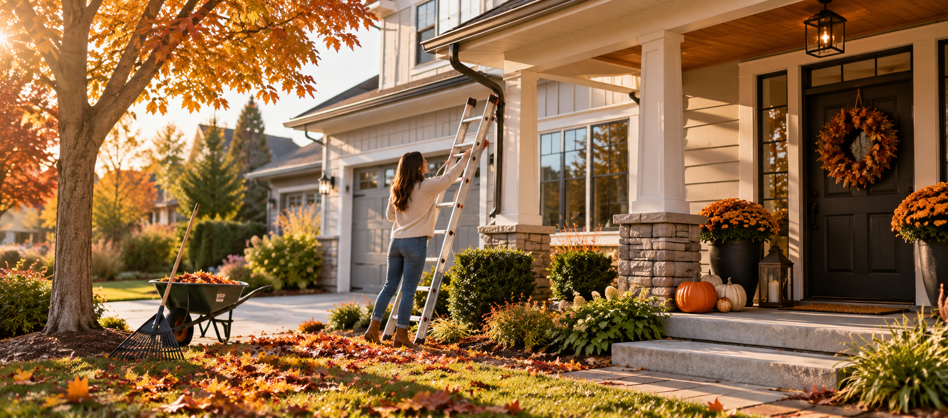 California homeowner completing fall home maintenance including yard cleanup and seasonal home preparation