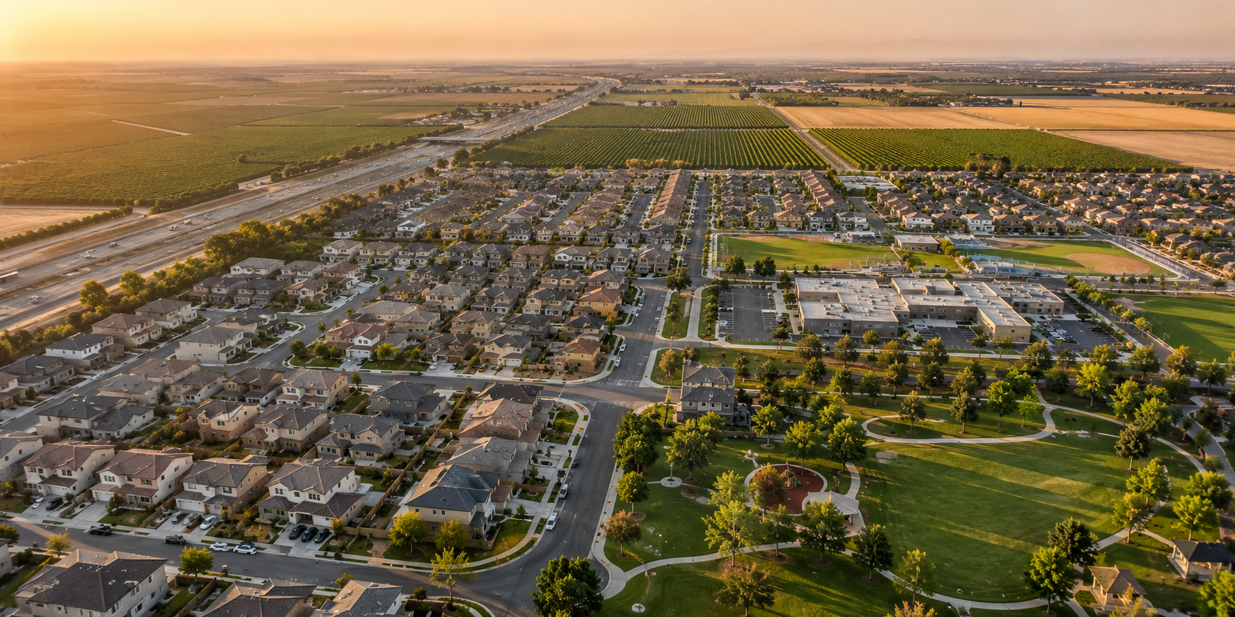 Aerial view of Ceres California showcasing residential neighborhoods, parks, schools, and surrounding farmland highlighting the community's Central Valley lifestyle and housing opportunities.