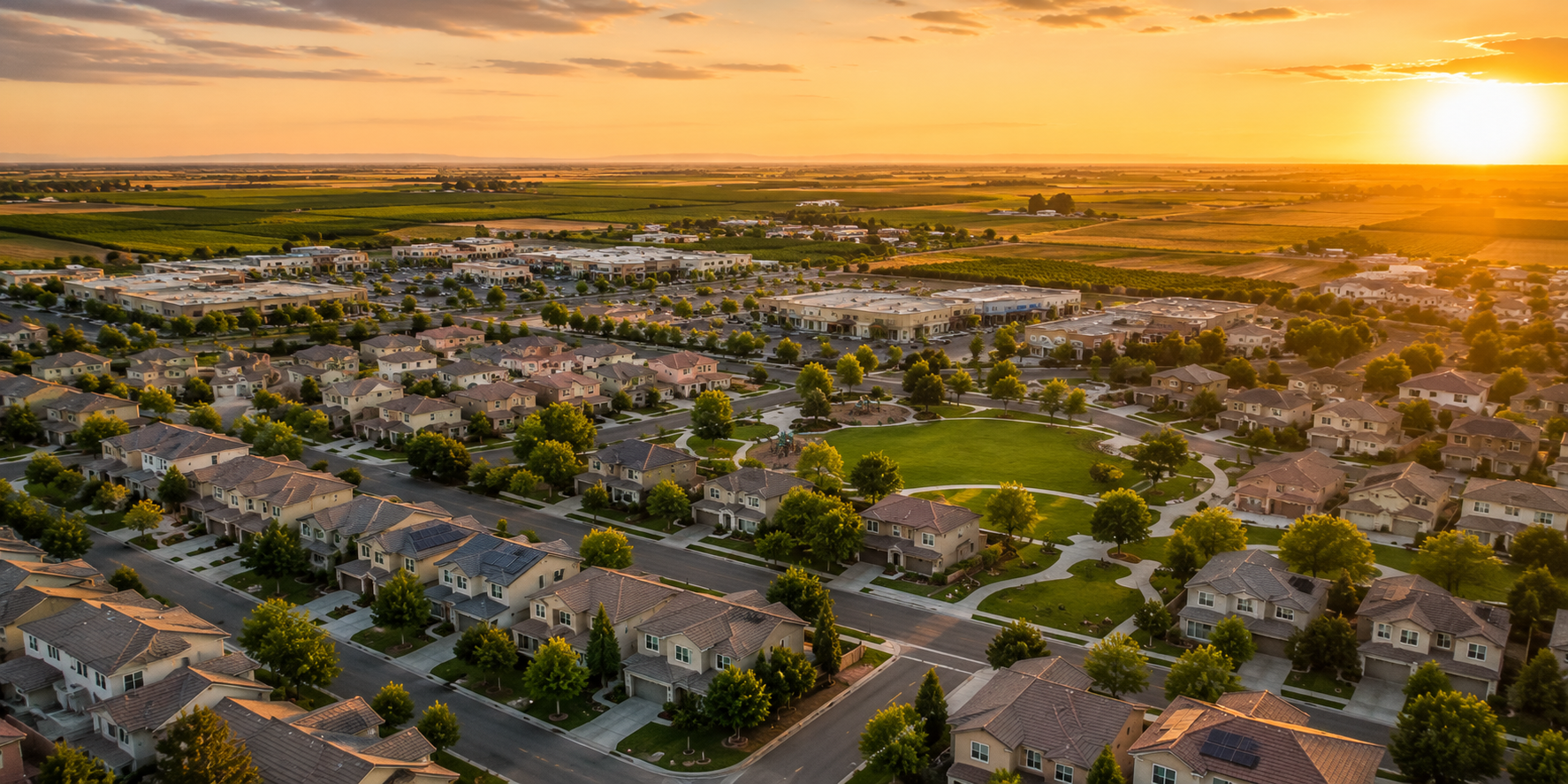 Scenic Los Banos California community with residential neighborhoods, Central Valley farmland, local parks, and surrounding natural areas representing the lifestyle of living in Los Banos.
