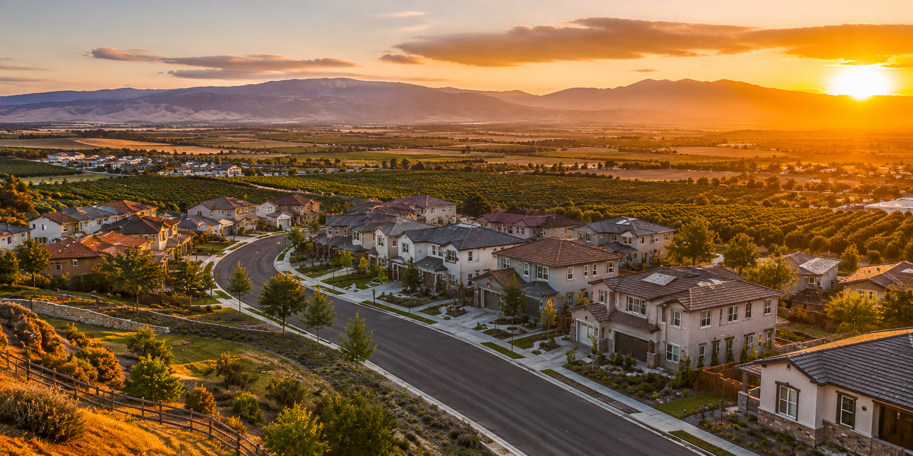 Beautiful Central Valley neighborhood featuring modern homes, tree lined streets, open spaces, and the family friendly lifestyle attracting Bay Area residents to relocate to California's Central Valley.