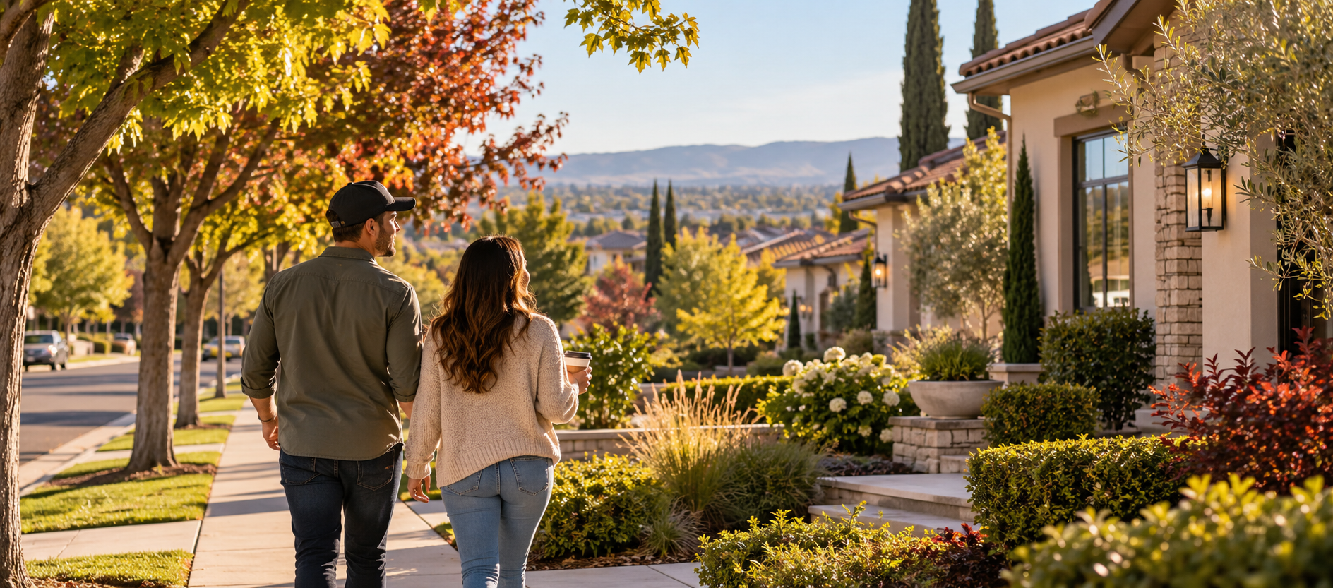 Couple exploring a Central Valley California neighborhood while considering where to move and buy a home