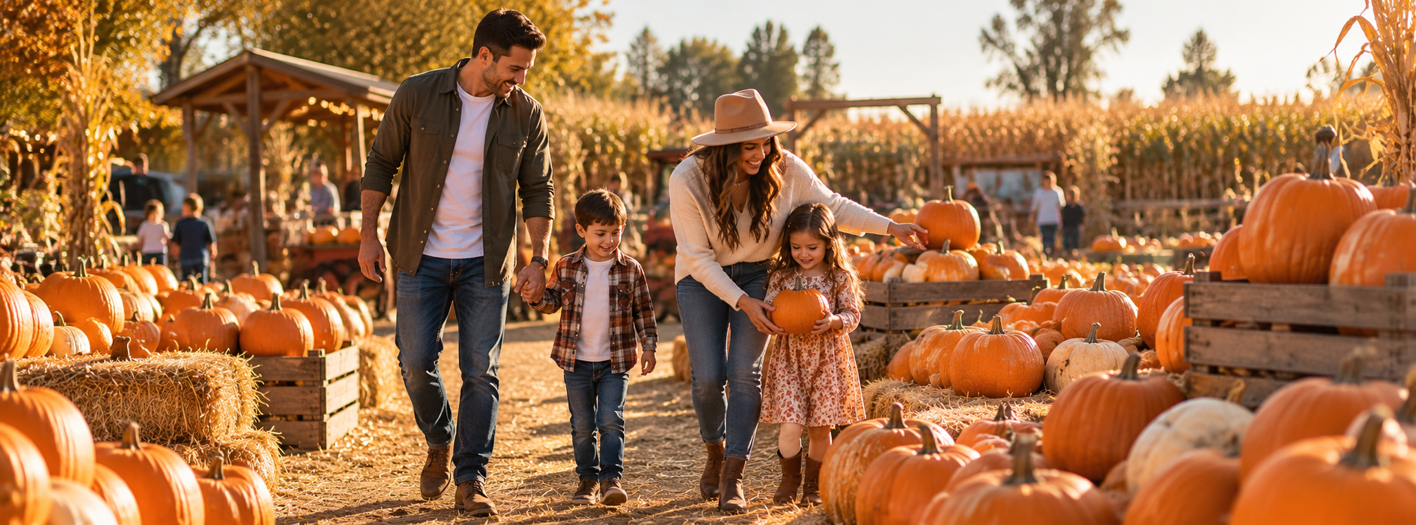 Family enjoying a pumpkin patch and fall activities at a Central Valley farm near Modesto, California.