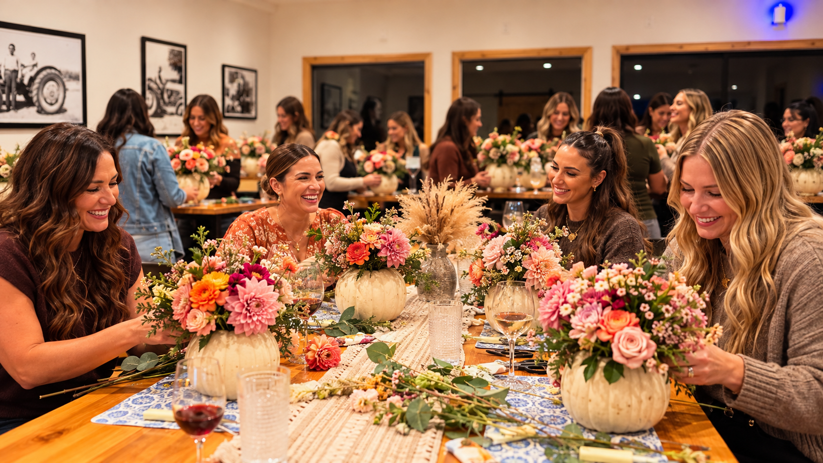 Women gathered at the Pumpkins & Petals fall event creating pumpkin flower arrangements and enjoying an evening of friendship.