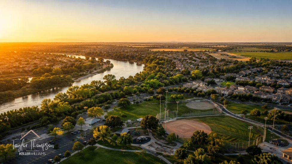 Aerial view of Riverbank California highlighting the Stanislaus River, residential neighborhoods, parks, and the Central Valley lifestyle that attracts home buyers.