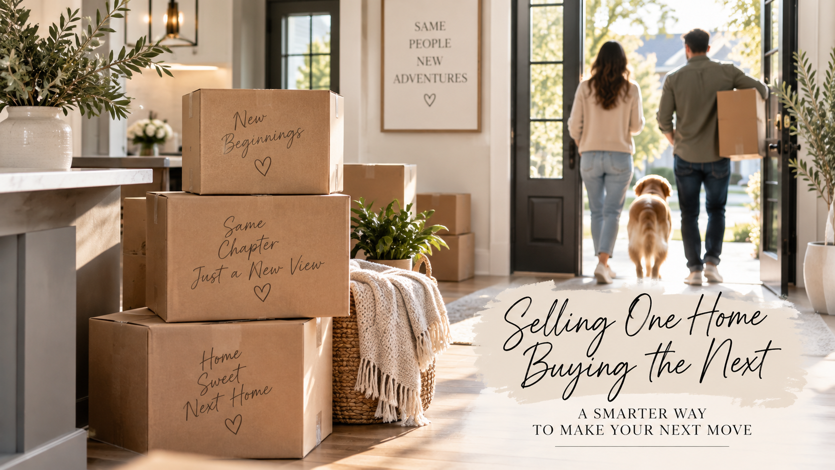 Bright modern home entryway with moving boxes, a couple and their dog heading toward the front door, representing selling one home and buying the next.